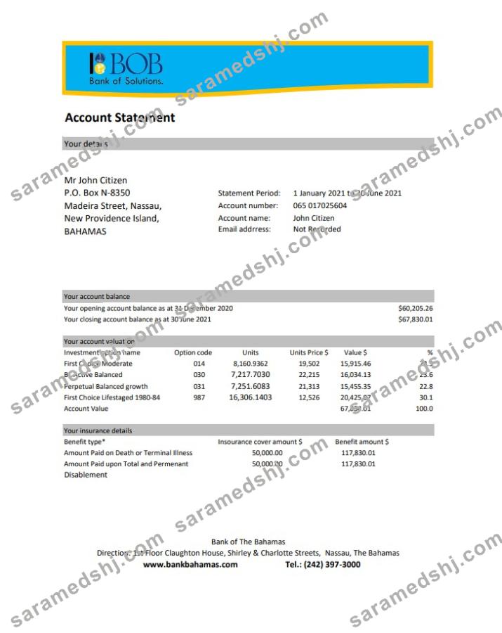 Bahamas Bank of the Bahamas bank statement easy to fill template in .xls and .pdf file format